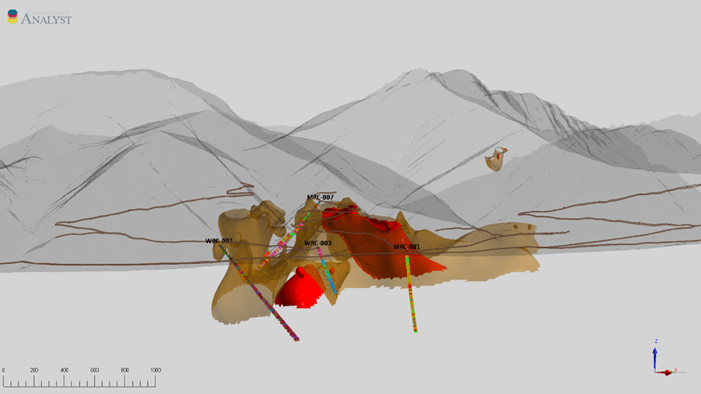 Figure 1: Oblique View of the Target 1 area at Rogers Creek, showing 30ms IP chargeability isoshell (red) and 20ms isoshell (orange). Historic drill holes did not penetrate the higher chargeability IP centres. (Looking North)